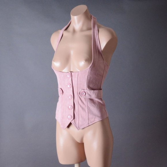 Pink Faux Suede Underbust Waistcoat Steampunk Vest Fitted Goth Womens Corset Top - Picture 3 of 7